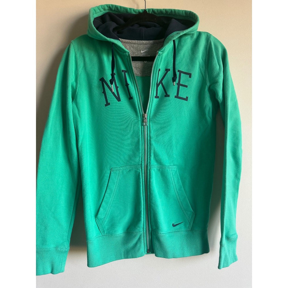 Nike Full Zip Hoodie Green Spellout Logo Cotton Sweatshirt Small